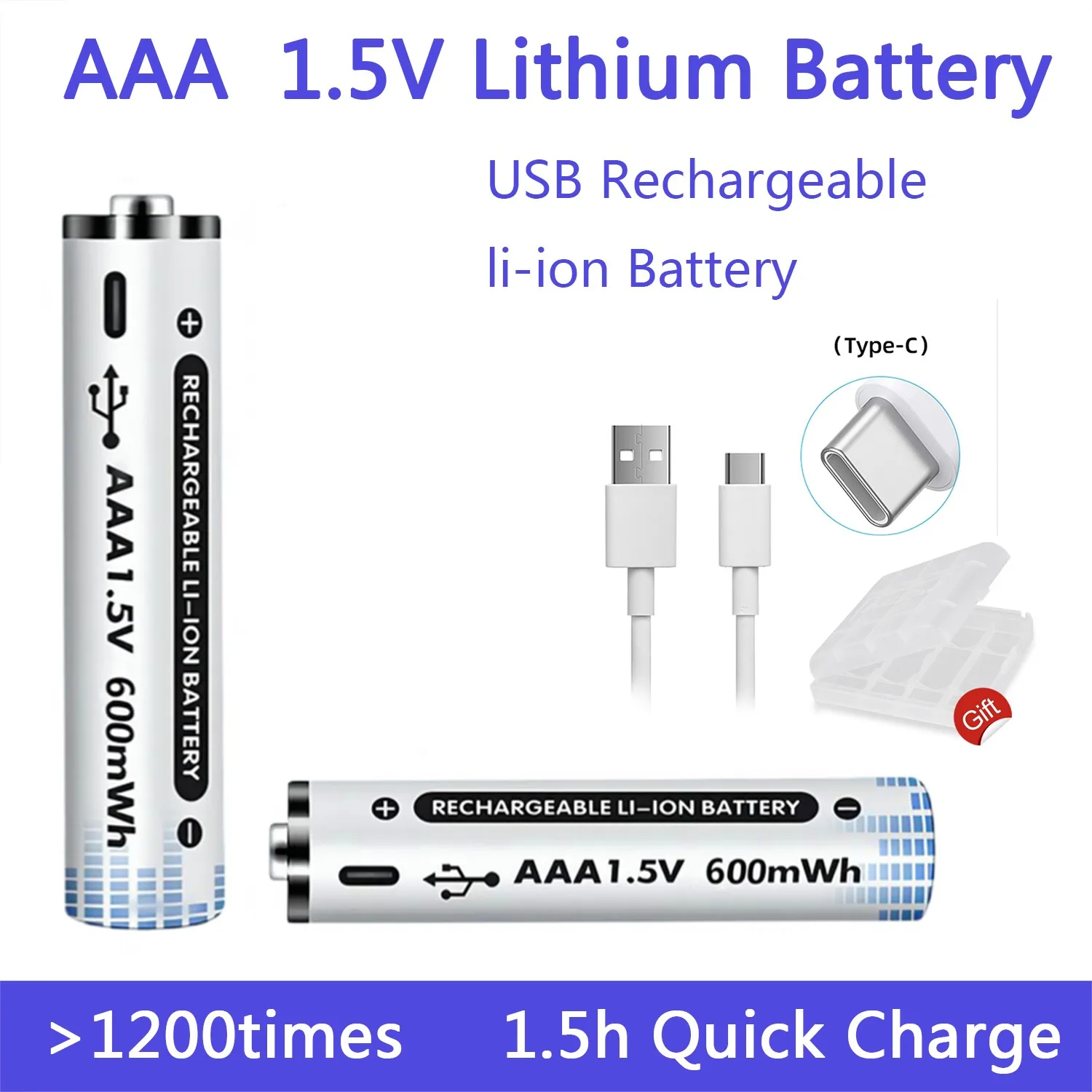 AAA Rechargeable USB Batteries 1.5V Li-ion High Capacity 600mWh Backing Up Battery for Remote Mouse Toy Flashlight+ Type C Cable