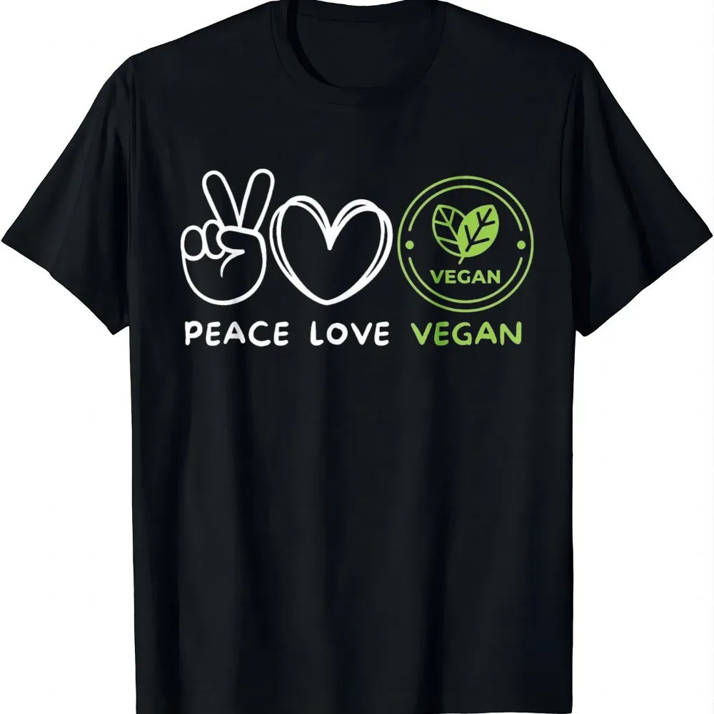 Peace, Love Vegan Retro Vegan Lover Vegan Food Lover T-Shirt Unisex Summer Streetwear Tops Graphic T Shirts Camiseta Streetwear