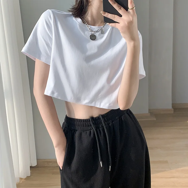 European and American summer hot selling round neck minimalist women\'s short sports casual solid color T-shirt top