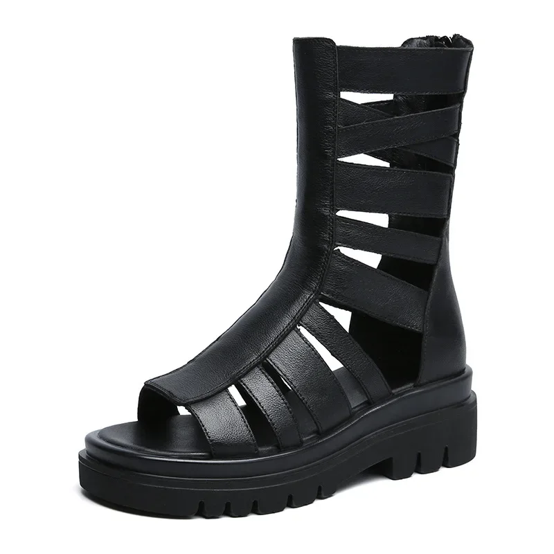 Back Zipper Retro Women Boots Cowhide Platform Gladiator Women Sandals Summer Flats Black Boots Wedge Leather Women  Shoes