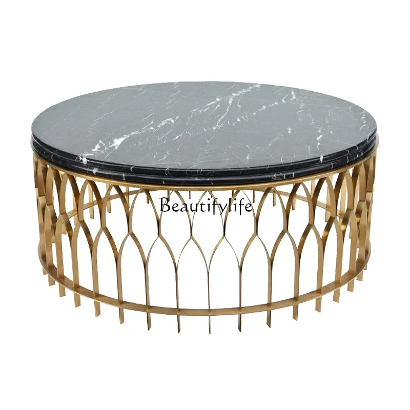 

FG40American light luxury stainless steel coffee table round marble coffee table