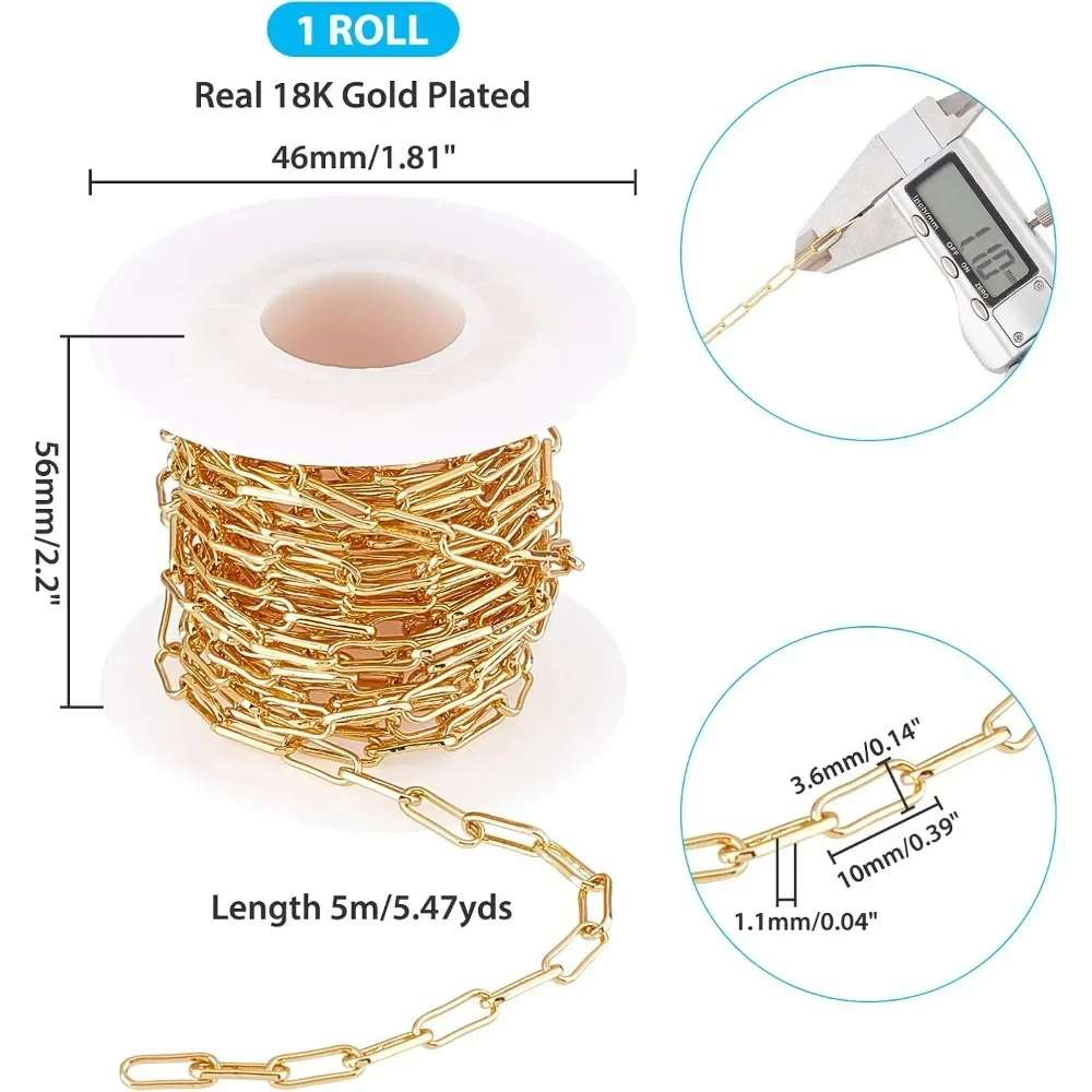 arricraft 16.4 Feet Real 18K Gold Plated Brass Cable Chains, 1 Roll Paperclip Metal Chains for Jewelry Making (Single Link