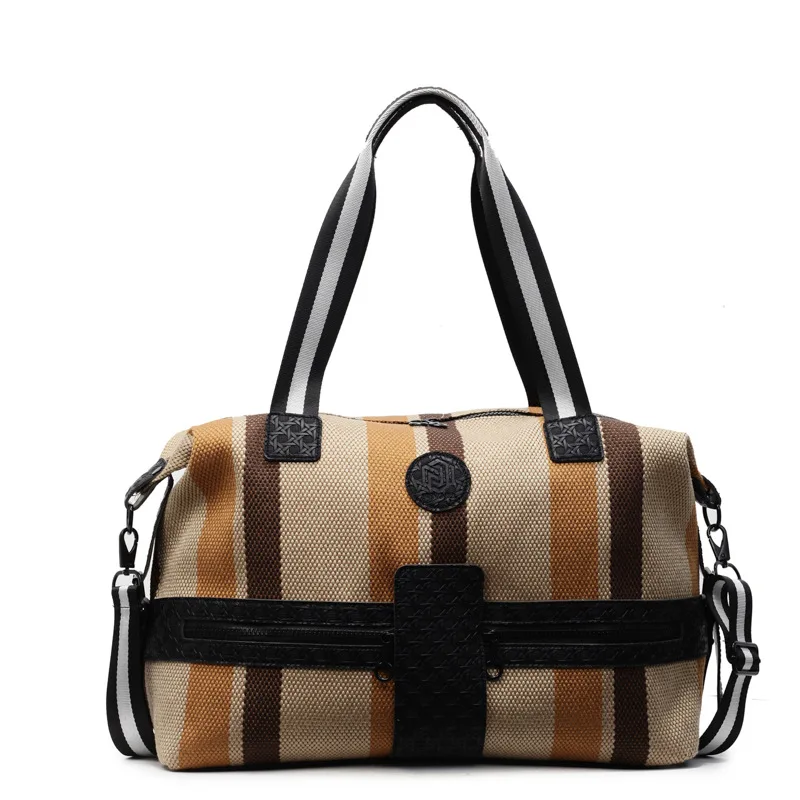 Striped retro shoulder bag, large capacity lightweight tote bag, luggage bag, simple contrasting color woven outdoor fitness bag