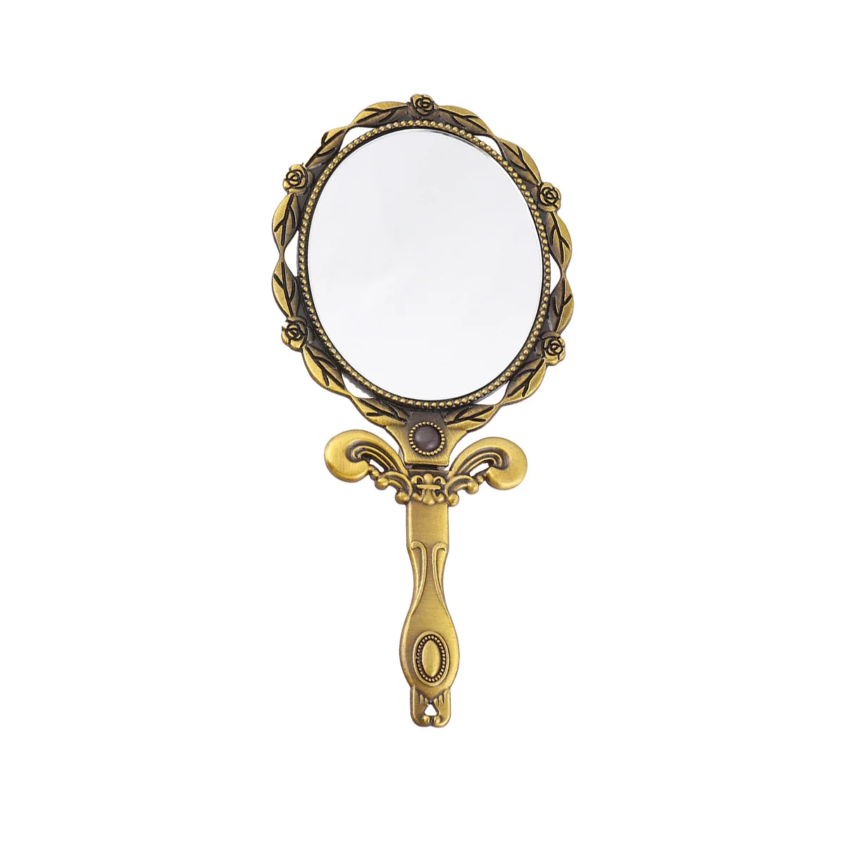 Vintage Folding Small Handle Mini Makeup Mirror Oval Pocket Mirror Bronze Color Travel Supplies for Women Girls