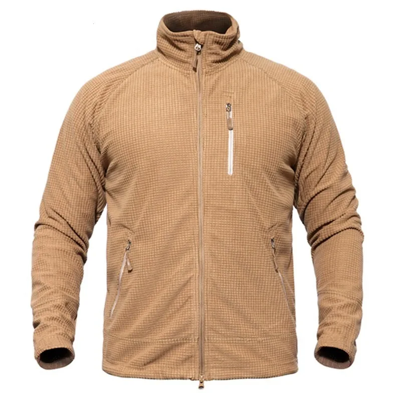 Men's Tactical Grid Fleece Jacket Full Zip Stand Collar Warm Windproof Outdoor Hiking Fishing Fleece Coat Base Layer