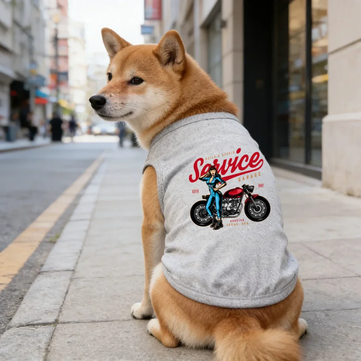 1pc  Fashionable  print  pet short sleeves,“Beauty&Motorcycle” new soft cat and dog round neck T shirt