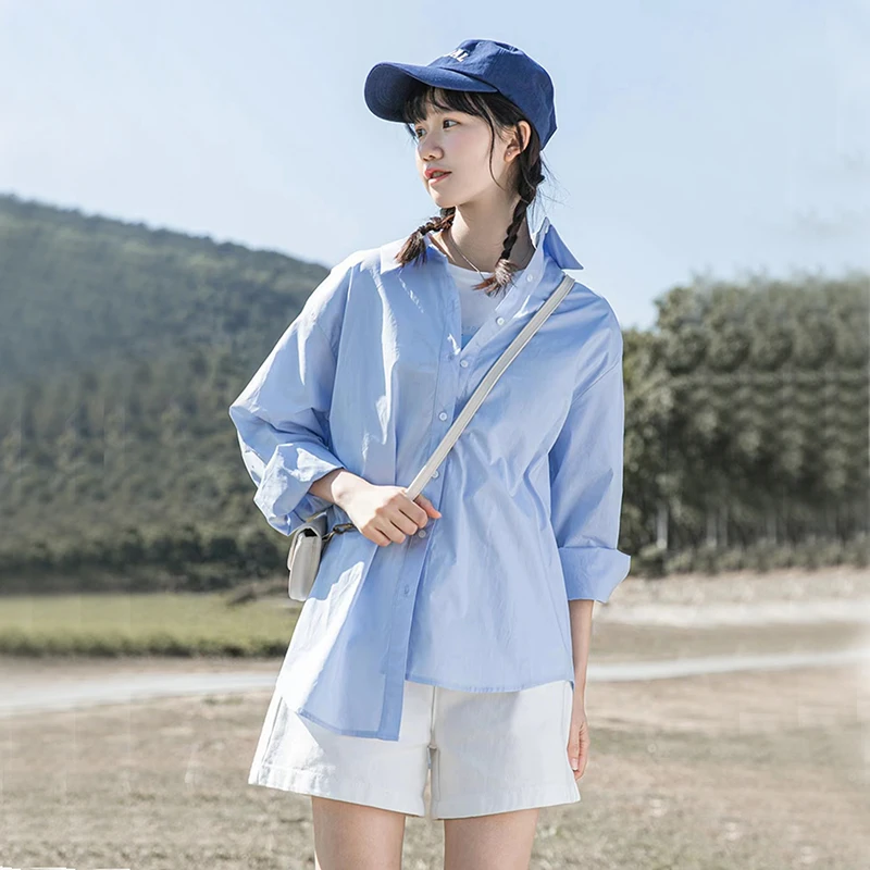 

Свободная синяя женская рубашка с длинным рукавом, новинка весны 2023, повседневный стиль, для колледжа, высокое качество, с воротником