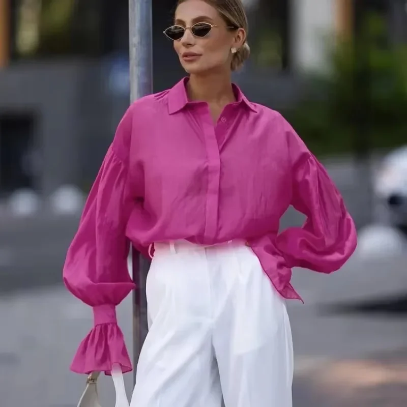 

Tuularose Spring Elegant Shirt Women 2025 Fashion Office Lady Loose Button Lapel Long Sleeve Shirt Solid Cardigan Blouses Female