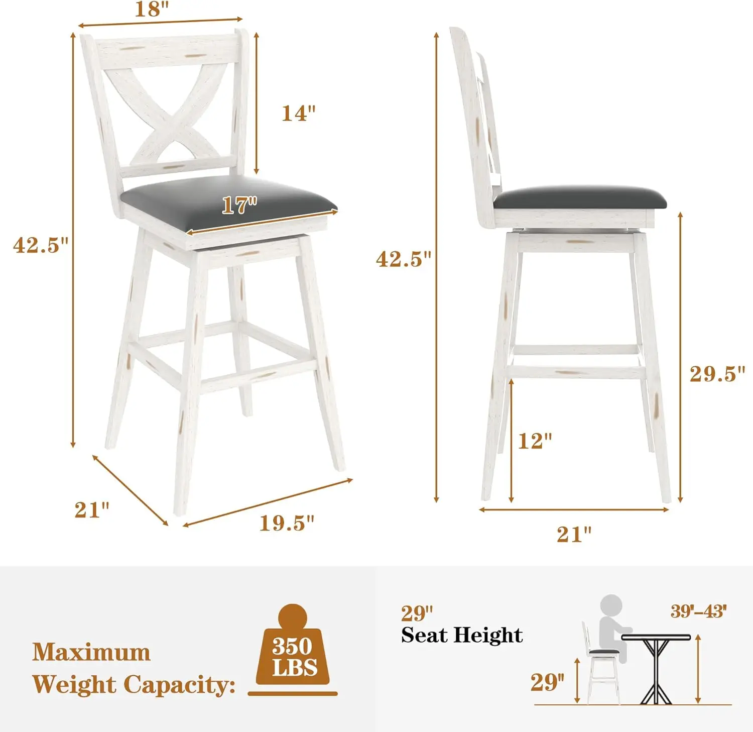 Taburetes de barra giratorios de 29 pulgadas de altura, taburetes de bar giratorios con respaldo alto con asiento tapizado de piel sintética gris y reposapiés de madera maciza, mostrador