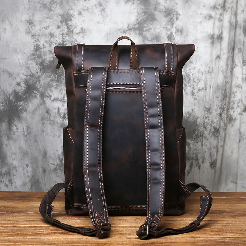 NZPJ Vintage-Rucksack aus echtem Leder für Herren, Crazy Horse-Leder, Computertasche, natürliche Oberschicht aus Rindsleder, Rucksack, Reisetasche – Detail 7