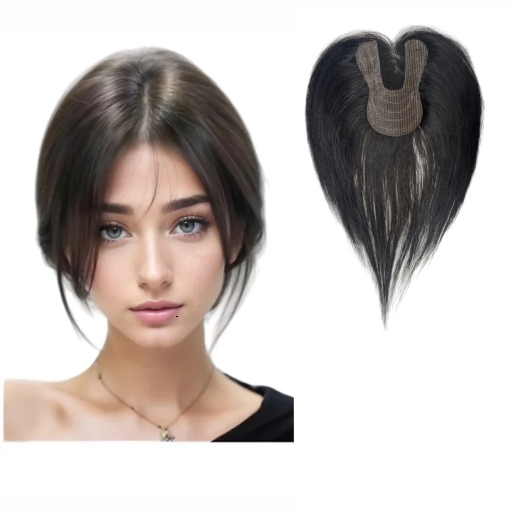 Magic Paste Human Hair Toppers for Women No-Clips Natural Bangs Fringe Invisible Hairpiece Seamless Cover Thinning Hair Loss