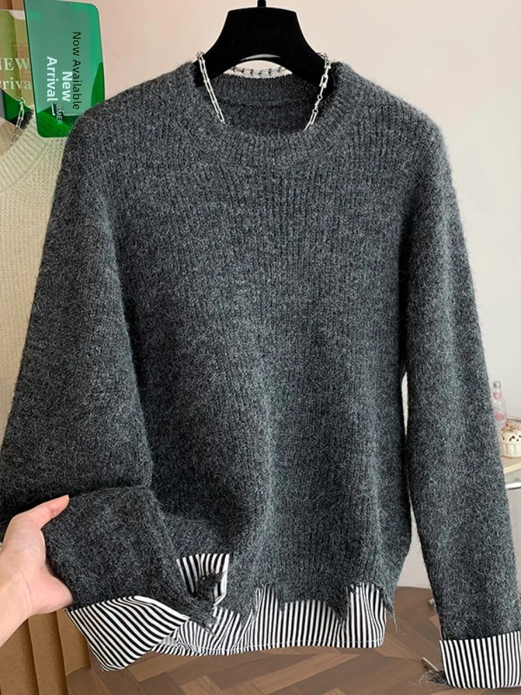 

Korean Design Sve Stripe Splicing Sweater Women's Autumn Winter Faion Youthful Sle Versatile Crew Ne Knitted Sweater