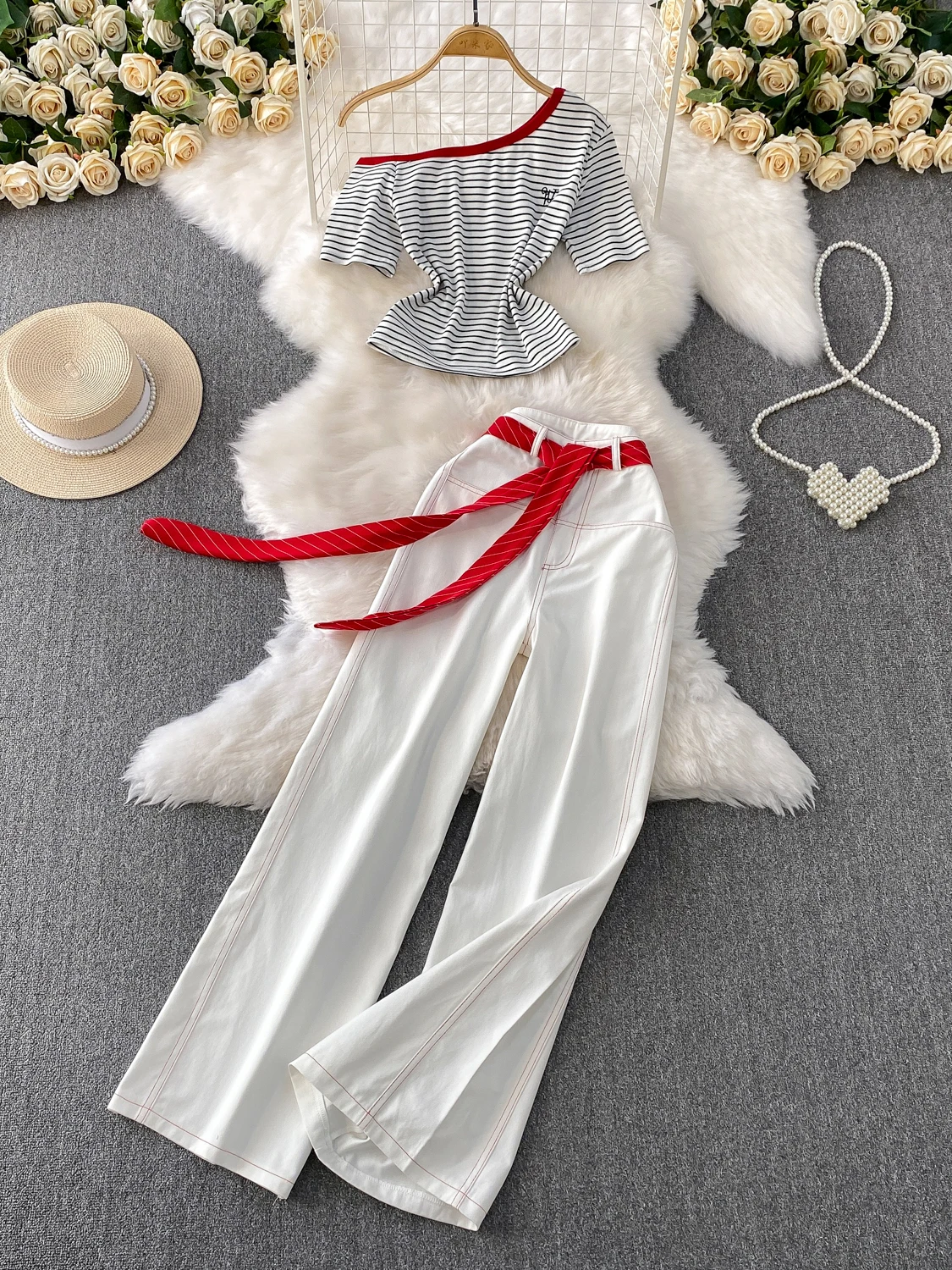 

Сексуальные джинсы Pure Desire oulder Bared Stripe ort Sve T irt plus с поясом и высокой талией, утягивающие джинсы, широкие брюки, комплект женских...