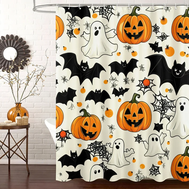 Halloween Pumpkin Ghost Bat Shower Curtain, Spooky Style Bathroom Partition Curtain with Hooks for Bathtubs and Shower Areas