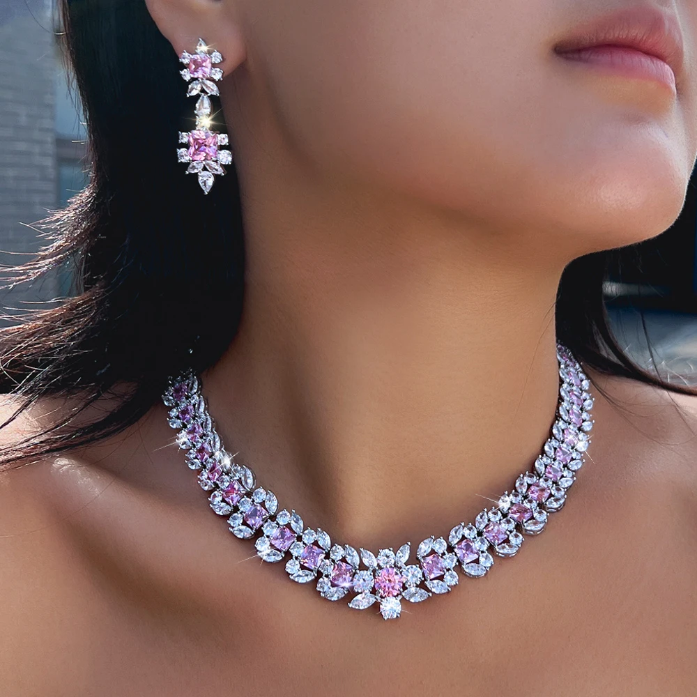 ThreeGraces Luxury Sparkling Pink Cubic Zirconia Geometric Square CZ Bridal Wedding Evening Party Jewelry Set for Women T1110