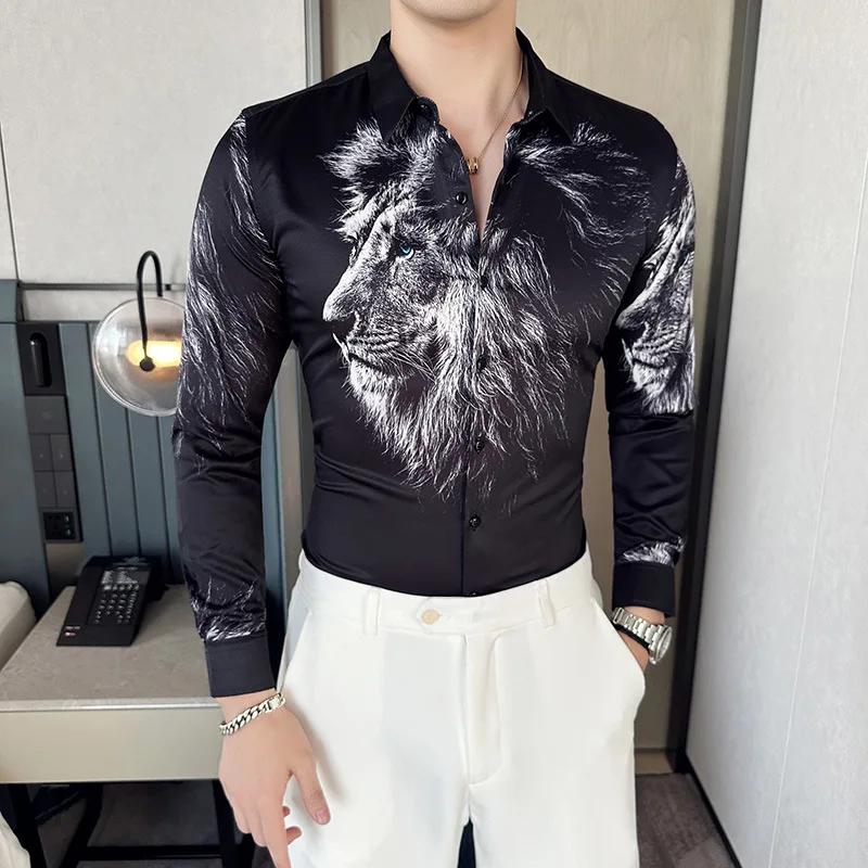 

6XL New Trendyol Men Vintage Cougar Print Long Sleeve Shirt New Fashion Mens Hawaiian Casual Slim Fit Black Shirts Chemise Homme