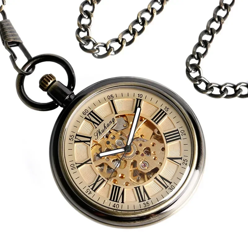 Retro Bronze Men Women Automatic Mechanical Pocket Watch Luminous Hands Roman Numeral Pendant Chain Relogio de bolso Gift