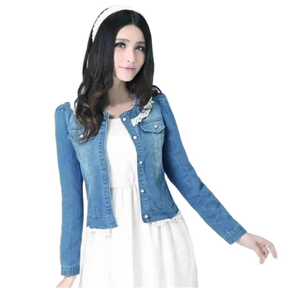 Women's O-Neck Lace Collar Denim Jacket Three Quarter Sleeve Jean Jacket Fall Outerwear Girlfriend Tops Fall