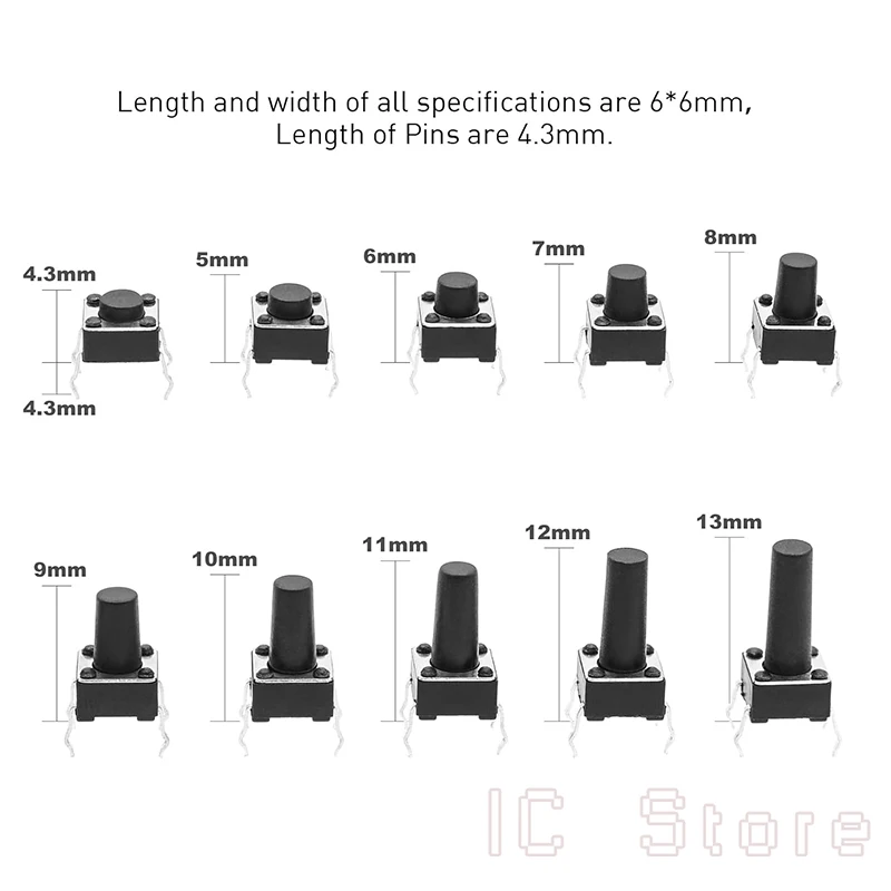 1000PCS 6x6mm 4Pin Push Button Tact Switch DIP SMD 6*6mm 6x6x4,3/5/6/7/8/9/10/11/12/13/15MM Touch Schalter – Detail 8