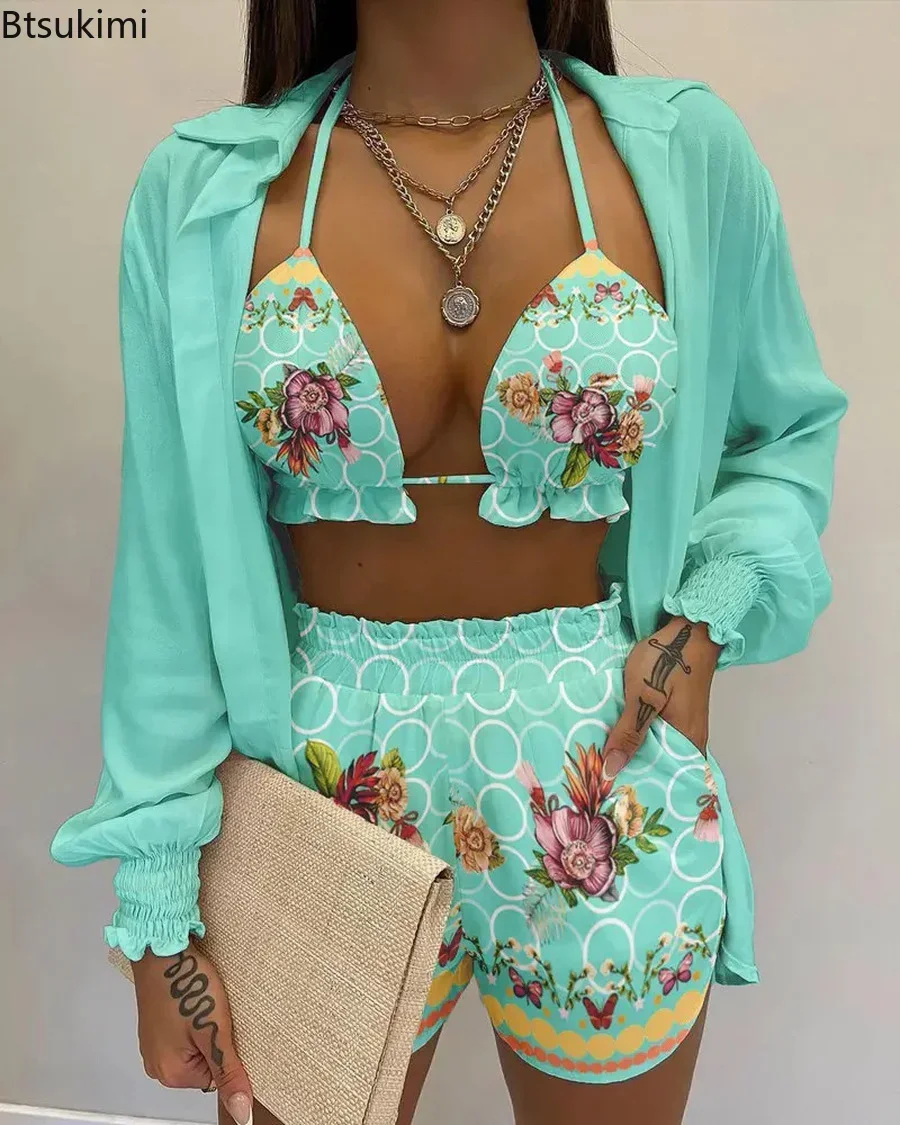Women's Summer 3 Piece Set Outfits Swimwear Sexy Beach Printed Suspender Shirt Shorts Suit Three Piece Set Women Holiday Bikinis