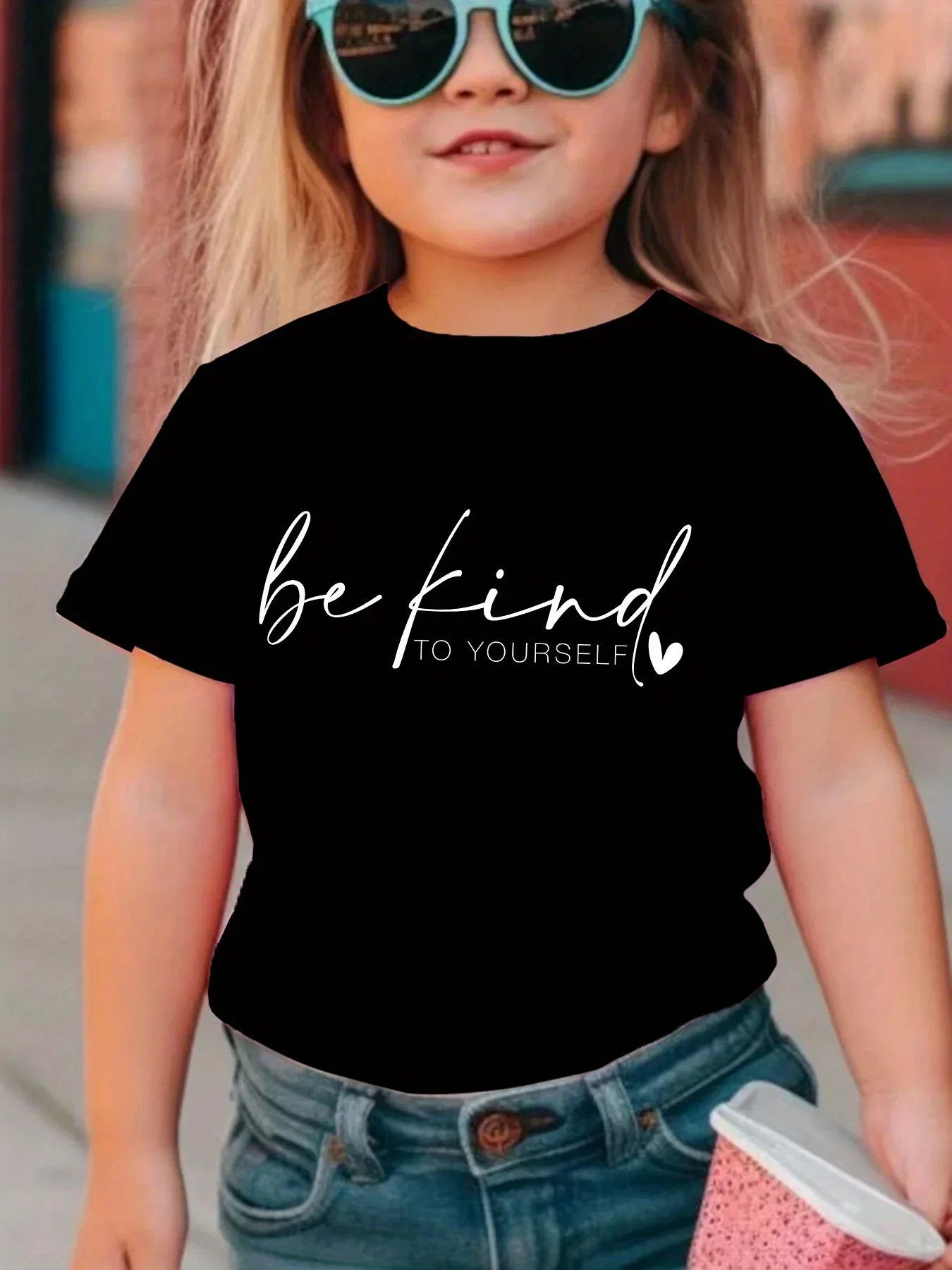 Girls Be Kind To Yourself Graphic T Shirt Cursive Letter Small Heart Print Short Sleeve Kids Inspirational Casual Top