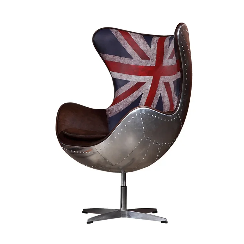 كرسي على شكل بيضة من الجلد والألومنيوم على الطراز الصناعي كرسي دوار بعلم الأرز القديم