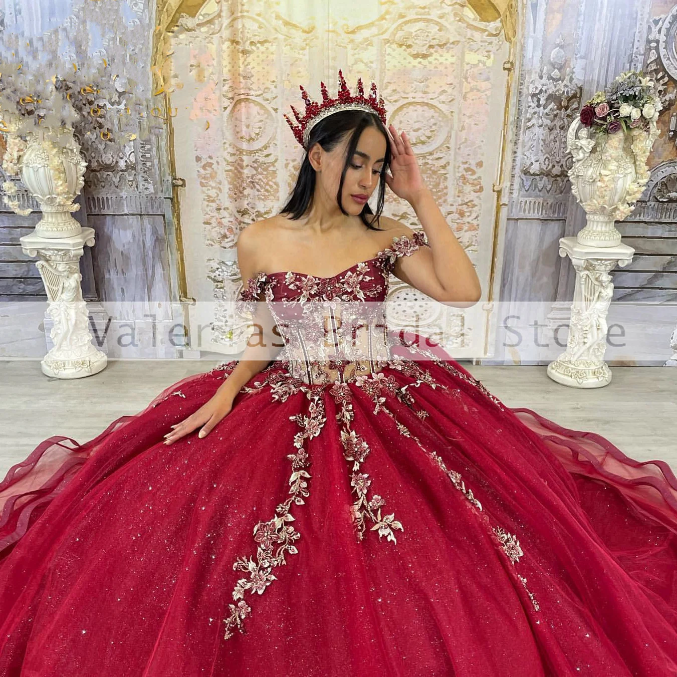 Błyszcząca czerwona sukienka na Quinceanera dla Meksyku 16 dziewcząt aplikacje z cekinami kopciuszka suknie balowe formalna suknia wieczorowa 15 Vestidos