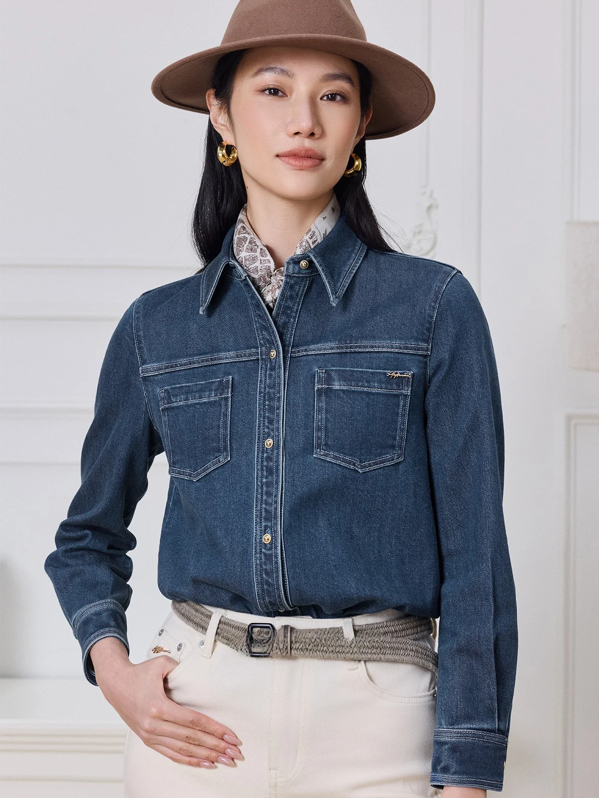 

Denim Chapter 0 Women's Casual Loose Fit Long Sve irt Fce Fini Breathable Comfortable Cotton Blend irt