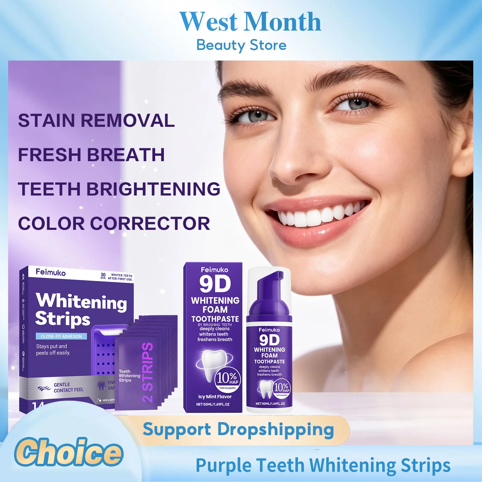 Teeth Whitening Foam Toothpaste - 紫色の歯のホワイトニングストリップで、歯の黄ばみを改善し、歯の汚れを除去。口臭を爽やかにし、歯を白く輝かせるホワイトニングフォーム歯磨き粉。