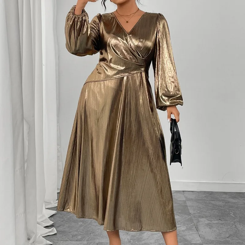 Spring Autumn Women's Dress Comfortable Minimalist V-neck Pleated New Arrival Seductive Elegant Bell Sleeves High Waist Fitted