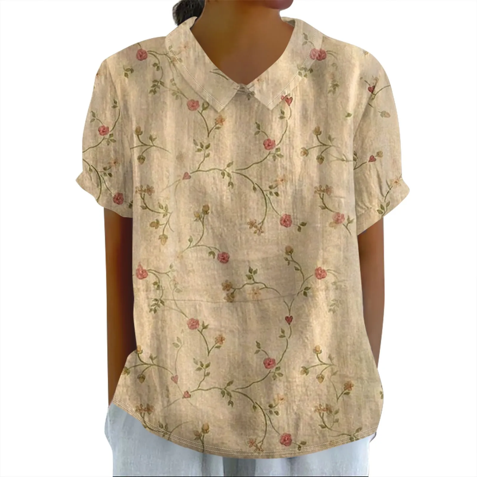 Vintage Floral Printed Tops For Women Fashion Loose Soft Short Sleeve Polo Collar Summer Lightweight Casual Pullover T-Shirt