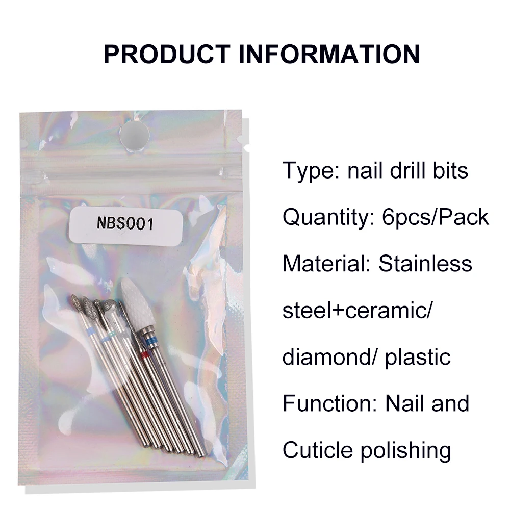 Punte per trapano per unghie per cuticole 6 pezzi Set di frese diamantate/ceramiche per accessori per lime per unghie elettriche per Manicure testa abrasiva per la cura delle unghie