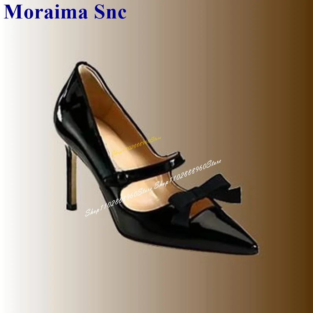 

Casual Black Patent Leather Bowknot Decor Pumps Thin High Heel Shoes For Women Button Strap Pointed Toe 2024 Zapatos Para Mujere