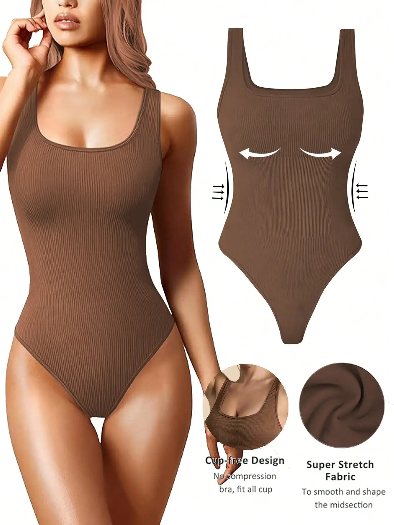 Women's Bodysuits Sexy Ribbed Sleeveless Square Neck Tank Tops Leotard Outfits
