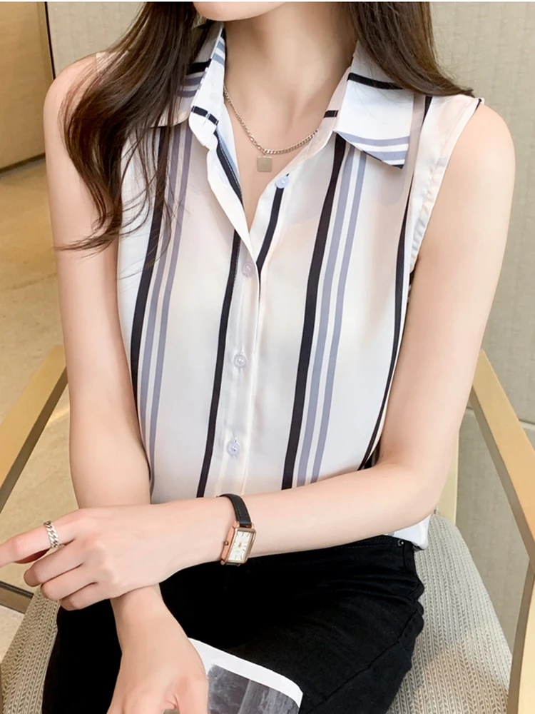 

White Striped Shirts Blouses Female Blusas Casual Office OL Blouses Basice 2024 Summer Sleeveless Blouse Women Casual Tops