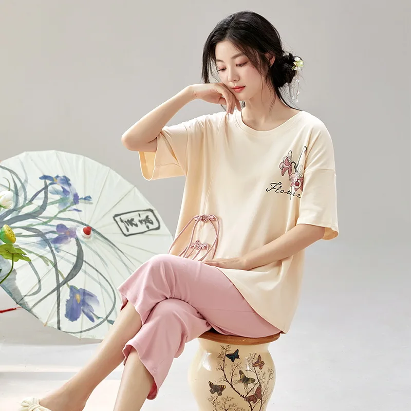 Women Pajamas Set Summer Cotton Sleepwear for Girl Leisure Round neck Lady Pijama Retro Chinese Style Casual Home Wear Pajamas