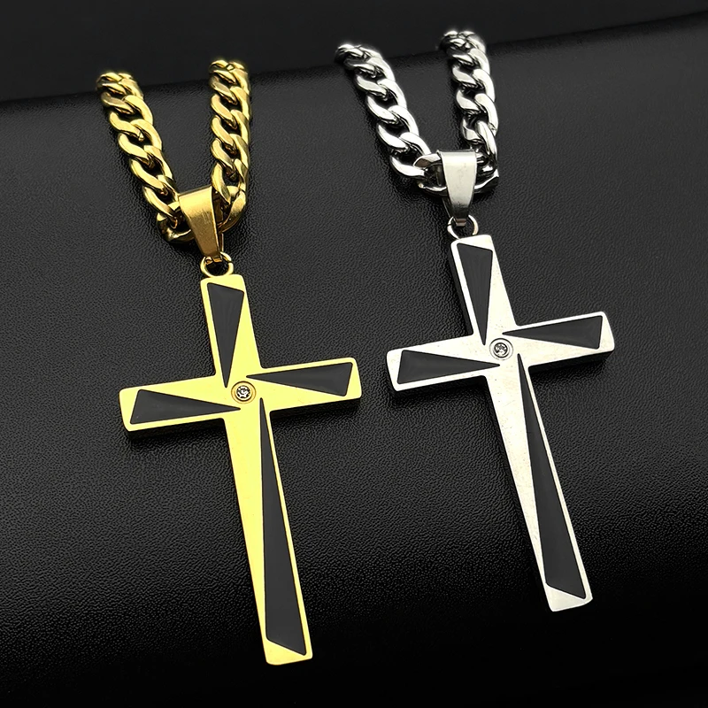 كريستيان الصليب الفولاذ المقاوم للصدأ يسوع المسيح الراين قلادة قلادة للرجال الذهب اللون الهيب هوب سلسلة القلائد مجوهرات #1