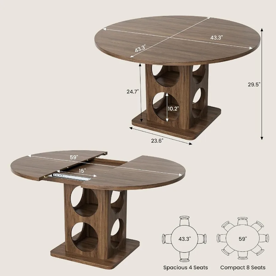 43.3‑59 Inches Extendable Dining Room Table for 2-6 People Walnut
