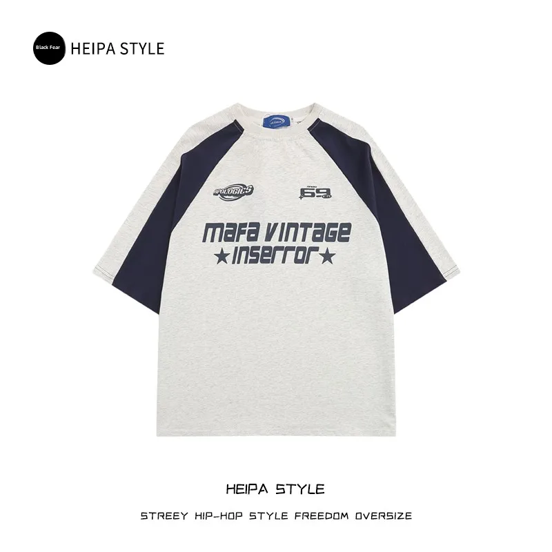 

Retro American ort Sve T-irt ex Summer Hip Hop Design Patchwork oulder Insert Oversize Cotton round Ne Tee