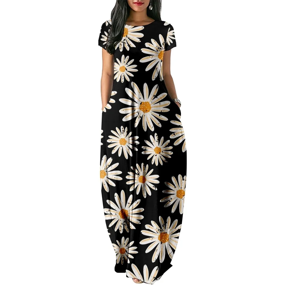 Daisy blumen Druck Frauen Casual Kurzarm Kleid Lose Lange Doppelte Tasche Strand Urlaub Frau Kleid