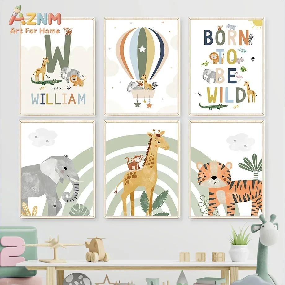 AZNM Custom Name Safari Animal Canvas Wall Art Giraffe Elephant Tiger Hot Air Balloon Born To Be Wild Rainbow Baby Nursery Unfra