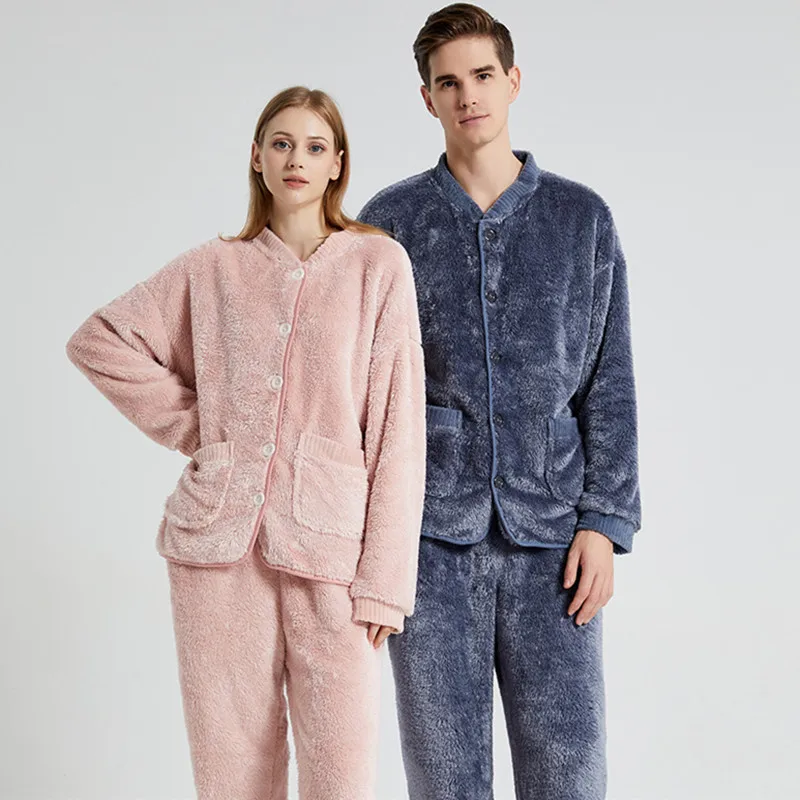 

Plush Home Clothes Coral Fleece Pajamas For Men And Women Thicken Warm Couples Cardigan Long Pants Suit Winter Pijama Mujer