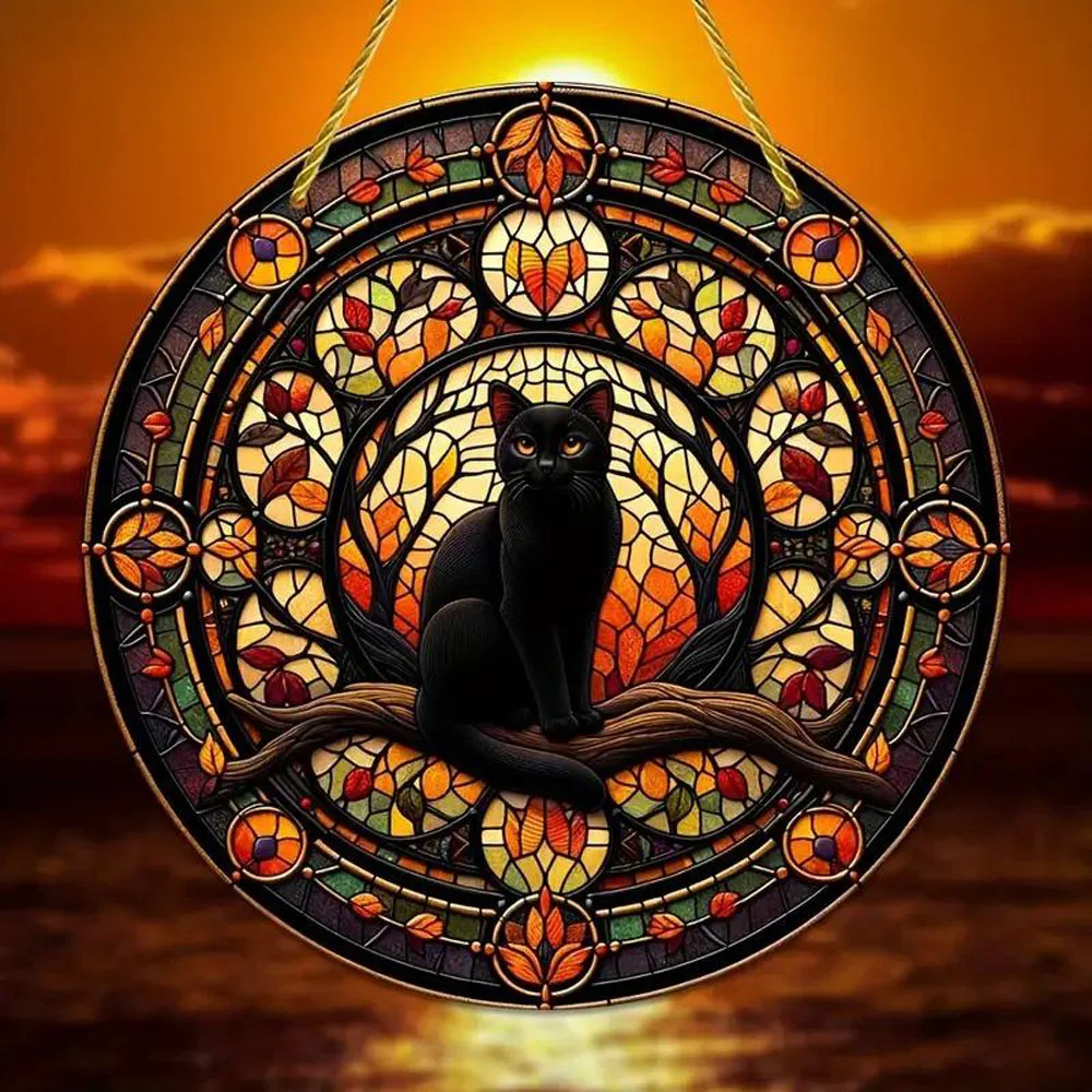 Black Cat In Moonlight Stained Window Hanging Sun Catcher Sunshade Cat Lover Sign Gift For Family Home Outdoor Indoor Yard Decor