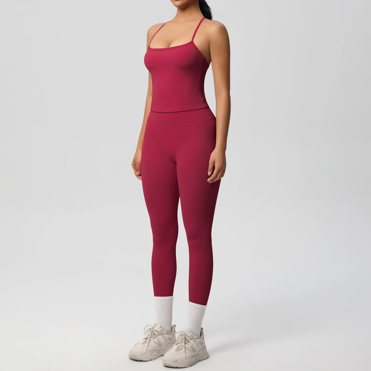 Hochelastisches, sexy, rückenfreies Yoga-Oberteil und -Hose, stoßdämpfendes Lauf-Yoga-Tanktop, einfarbige, schnell trocknende Yoga-Leggings – Detail 27