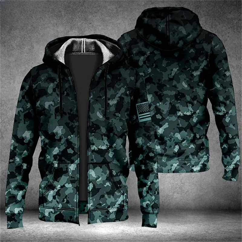 Casual Camouflage Pattern Zip Up Hoodies Fashion Simple Mens 3D Printed Long Sleeve Sweatshirt Loose Streetwear Sports Pullovers