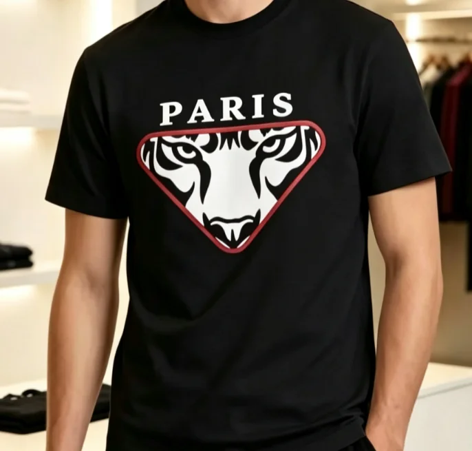 2026 new Retro Triangle Border Beast Face Pattern T‑shirt Men Women Bold Animal Graphic Print Loose‑fit Tee Tops