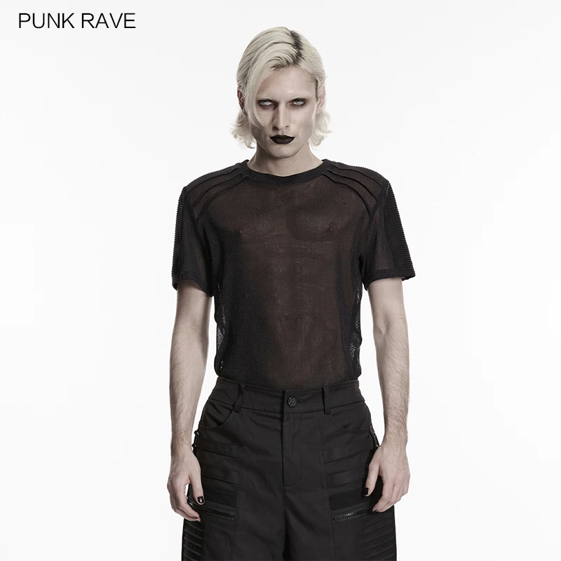 PUNK RAVE Men's Punk Perspective Mesh Strip Knitted Fits Body T-shirt Creating A Hazy Dark Top Summer Streetwear