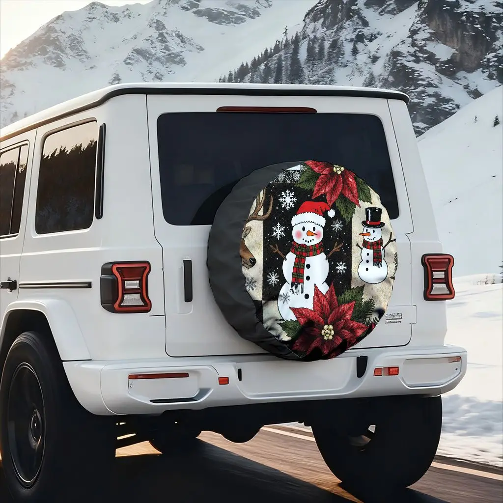 Snowman Reindeer Poinsettia Tire Cover Durable Polyester Spare Wheel Protector For SUV Off-Road Hatchback