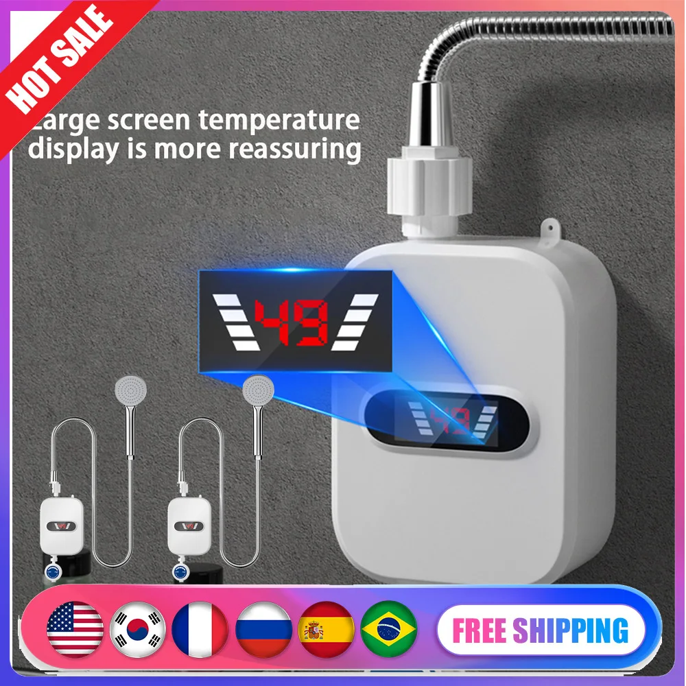 Mini Instant Water Heater Shower Waterproof 304 Stainless Steel Electric Water Heater Shower Rapid Heating LCD Digital for Hotel