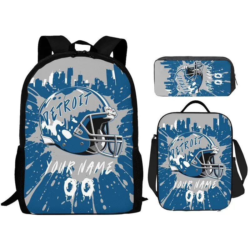 Mochilas escolares de lujo populares y divertidas con estampado 3D de fútbol americano, juego de 3 piezas, mochila para portátil, mochila para el día a día, bolsa de almuerzo, estuche para lápices